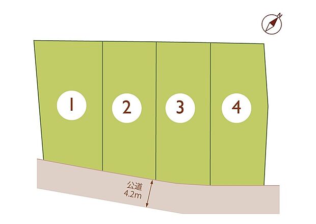 【【全体区画図】】ゆったりとした生活が送れる緑の多い全4区画の分譲地です！土地55坪以上とゆとりある広さを確保しています。