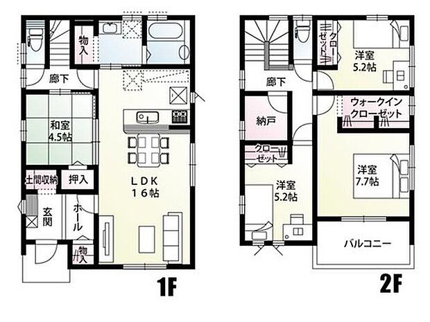 【4LDK＋1S(納戸)】2階へはLDKを通って上がる間取りで、自然と家族のコミュニケーションを育みます。玄関には土間収納・寝室にウォークインクローゼット・納戸が完備！収納が豊富で暮らしやすさを重視した間取りプランです♪