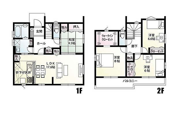 【4LDK】キッチンから洗面室・浴室へとスムーズにつながる、家事動線に優れた間取りです！ウォークインクローゼットや各所に物入を設けた、豊富な収納も魅力◎
2階は全室6帖以上を確保した、ゆとりあるプライベート空間です♪
