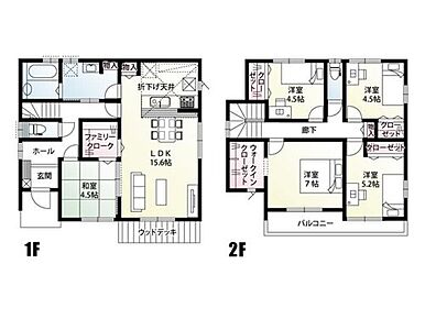 2階に4部屋の5LDKの間取りです。お子様が多いご家族の一人ひとりの個室や、趣味やワークスペースとしての利用もできます。１階にファミリークロークを設け、見えない場所にスッキリ収納が可能です。LDKから出入り可能なウッドデッキが、リビングの延長として暮らしに豊かさをもたらします。 