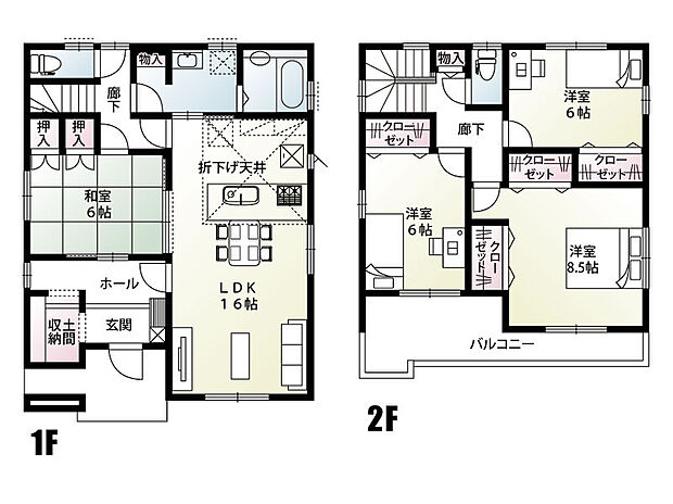 【4LDK】全居室6帖以上の広々とした間取りです。土間収納には上着がかけられるハンガーパイプ付き！お家の中に入れたくない衣服を置いておけるため、雨の日や花粉の時期でも安心です♪