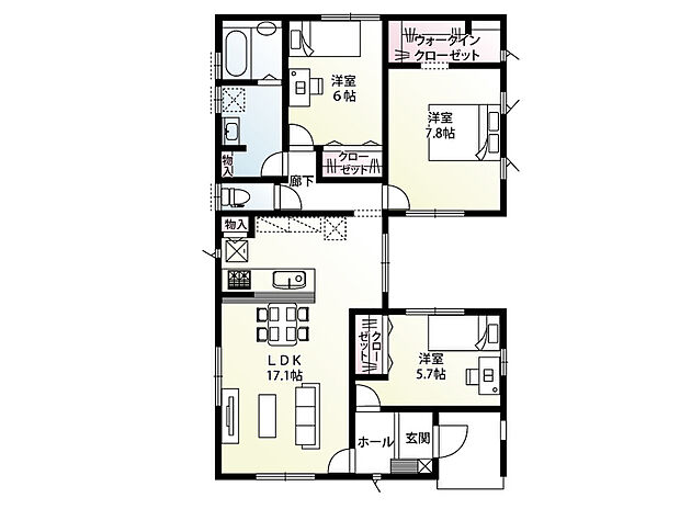 【3LDK】効率良い家事動線・生活動線の3LDK平屋住宅♪大型ウォークインクローゼット・パントリー・洗面室収納など充実の収納スペースでお掃除もお片付けもラクラクです♪
