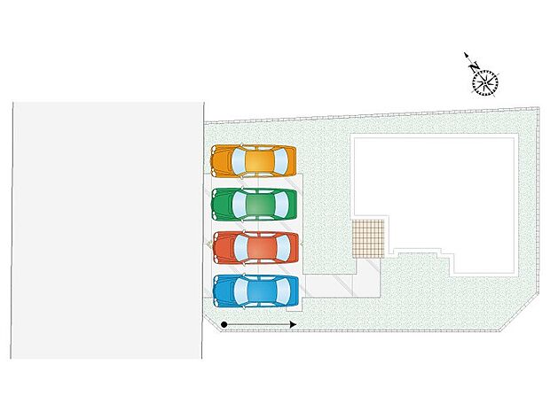 【4LDK】並列駐車4台可能+お庭スペース付き!ご家族の増車や来客時も駐車スペースに困りません!ご友人を招いてお庭でBBQやお子様用プールを出したりと夢が広がりますね。