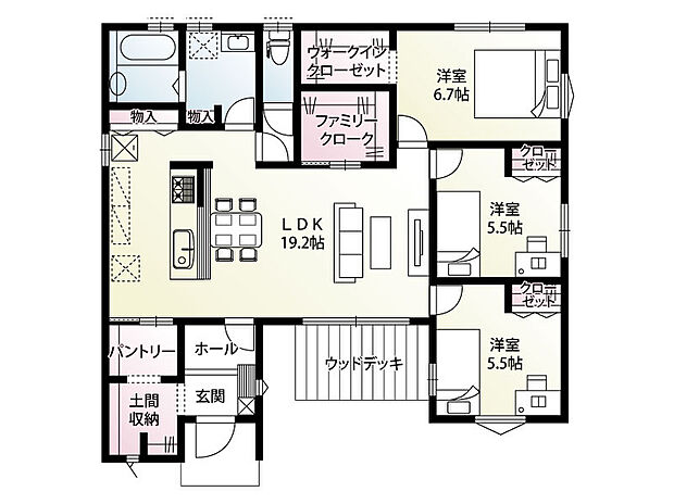 【3LDK】土間収納・パントリー・ファミリークローク・ウォークインクローゼットなど、豊富な収納を備えた平屋建て♪
LDKからつながるウッドデッキは、外の風を感じながらくつろぐアウトドアリビングとしても活躍します◎
回遊型キッチンを採用し、家事動線に配慮した使い勝手の良い住まいです!