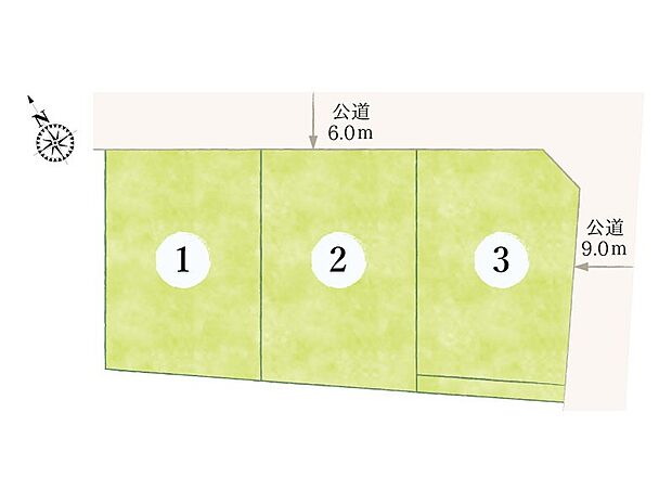 【【全体区画図】】全区画約56坪以上と広く、ゆとりの駐車スペースと南側に陽当りの良いお庭を配置しています。国道へのアクセス良好!日々のお買い物が効率よくでき、生活にゆとりが持てる分譲地です。