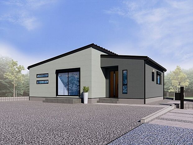 【【3号棟 外観完成イメージ】】ワンフロアで快適に過ごせるスタイリッシュな平屋住宅。グレーの洗練されたツートンカラーと片流れ屋根のシルエットが、落ち着きのある現代的な美しさを演出します。