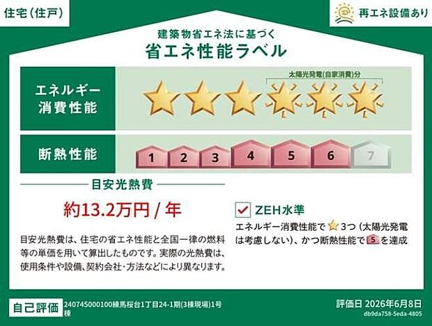 【省エネ性能ラベル】こちらの物件はZEH水準を満たした、省エネ性能に優れた物件です。光熱費を抑えて暮らすことができるだけでなく、「熱の入りにくさ・逃げにくさ」という観点でも影響を受けにくい建物のため、長く快適にお過ごしいただけます♪※本ラベルは特定の住戸の性能を示すものであり、全ての住戸の性能を示すものではありません。