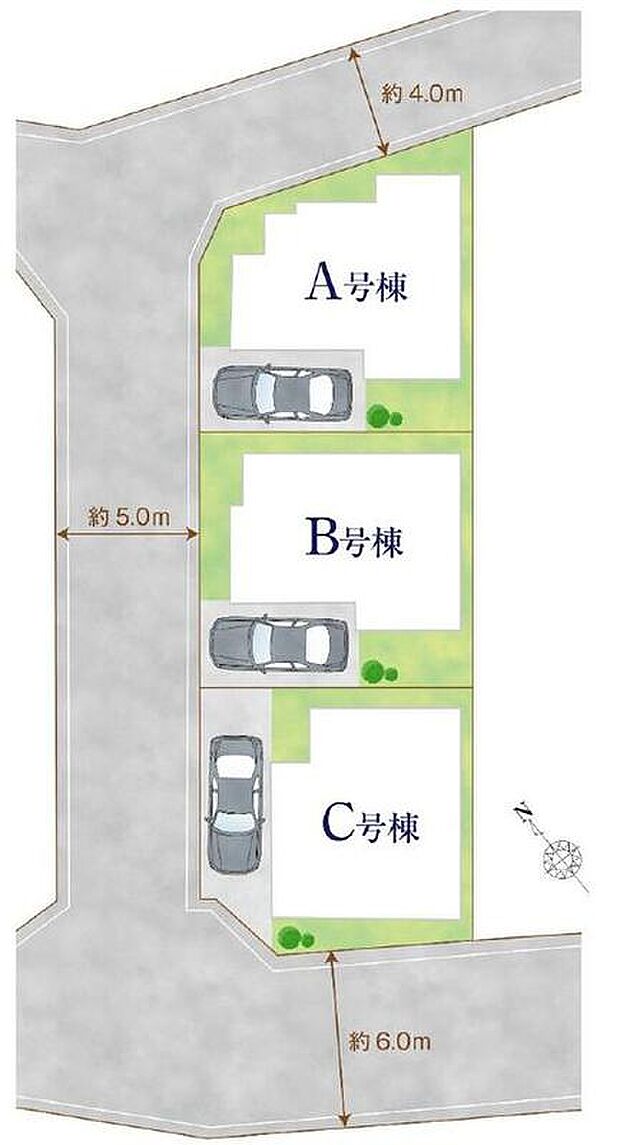 ☆全体区画図☆
カースペースございます。
敷地形状を最大限に活かしたプランニングのお住まいです。