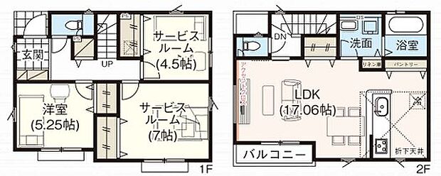 2階に約17帖のLDKとバルコニー、浴室・洗面・トイレが配され生活動線良好。1階は洋室5.25帖と4.5帖・7帖のサービスルームで多用途に対応する可変性があります。