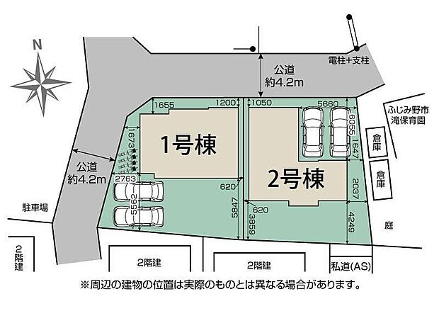 ☆全体区画図☆カースペース並列２台可能です。広々とした敷地にゆったりとお住まいいただけます。