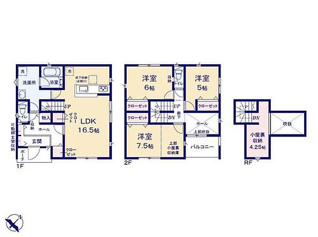 【3LDK】階段で昇降できる小屋裏収納がございます。
2階ホールとつながる吹抜けがあり開放感のある間取りです♪
玄関とキッチンから2Wayでつながる広々とした洗面室も魅力です♪