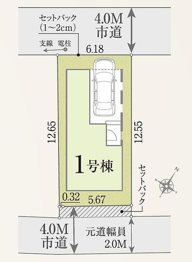 【全体区画図】ビルトイン車庫ございます。
両面道路に面し、陽当り・通風共に良好です♪