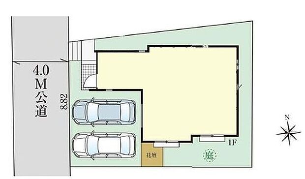 【全体区画図】カースペース並列２台可能です。
敷地広々37.9坪。
お庭や花壇のあるゆとりのある敷地です♪