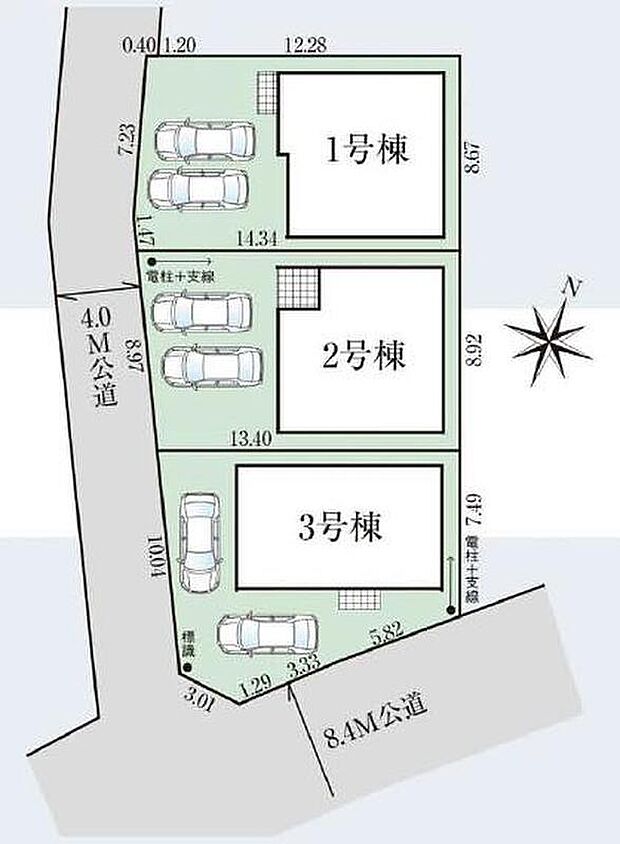 【全体区画図】カースペース２台可能です。
南西道路に面し、陽当り良好です♪