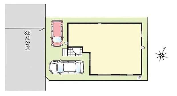 【☆全体区画図☆】カースペース２台可能です。
南西側8.5ｍ公道に面し、開放感がございます。