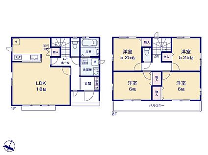 間取図（1F18帖・2F4室）