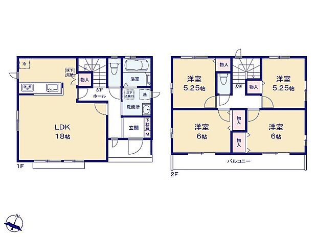 【間取図（1F18帖・2F4室）】1階は18帖のLDKと浴室・洗面・玄関を配置。2階は洋室4室（6帖×2、5.25帖×2）とバルコニーあり。
