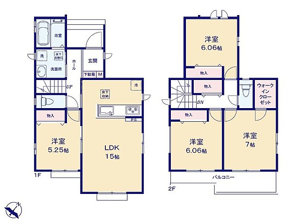 【4LDK 間取り図(LDK15帖)】LDK15帖を中心とした4LDKの間取り図。1階にLDKと洋室5.25帖、浴室・洗面・トイレ、2階は洋室6.06帖×2・7帖、ウォークインクローゼットとバルコニーを配置しています。