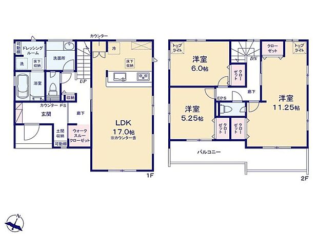 【3LDK】洗面所と脱衣所を分けた使いやすい間取り。天井を高くしてリビングに開放感をプラスした折上天井。全居室に収納を完備しているので、居室の全空間を有効活用出来ます。