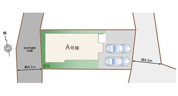 【全体区画図】2台を並列駐車できるゆとりあるカースペース♪
周辺は交通量が少ないので小さなお子様がいても安心です♪