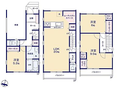☆間取り図☆20帖のゆったりしたLDK。広々とした空間で多彩なレイアウトをお楽しみいただけます♪全居室収納◎ユーティリティスペースあり♪ 