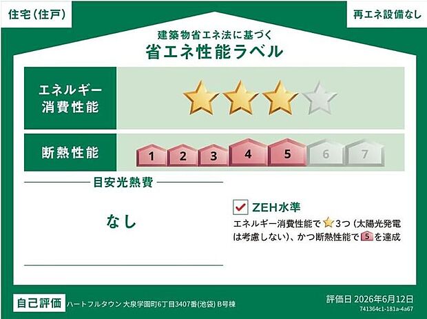 【省エネ性能ラベル】こちらの物件はZEH水準を満たした、省エネ性能に優れた物件です。　光熱費を抑えて暮らすことができるだけでなく、「熱の入りにくさ・逃げにくさ」という観点でも影響を受けにくい建物のため、長く快適にお過ごしいただけます♪　※本ラベルは特定の住戸の性能を示すものであり、全ての住戸の性能を示すものではありません。