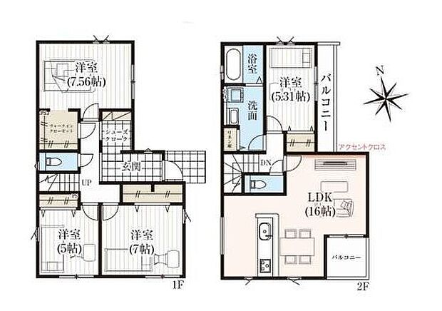 【5区画】プラン間取り:4LDK、土地面積:98.19m2、プラン建物面積:104.13m2、プラン建物価格:1760万円 シューズクロークは通り抜け可能◎忙しい朝も時短が可能です♪
外からの視線が気にならない2Fリビング仕様!水回り集中しており、毎日の負担を軽減し家事効率UPの家事ラク動線設計です♪