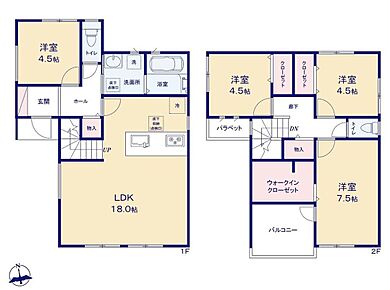 広々18帖LDK×洋室4室×ＷＩＣ×開放感あるワイドバルコニー♪リビングイン階段と対面キッチンを採用し家族のコミュニケーションを大切にした間取り◎ 