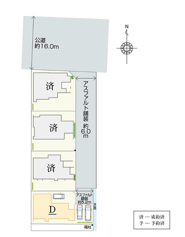 【全体区画図】
全4棟の新規分譲地のご案内です。前面道路は幅員約16.0mとゆとりがあるため、入出庫や車同士のすれ違いがスムーズに行えます。