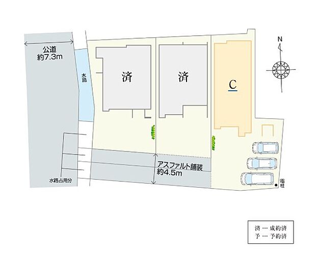 おかげさまであと1棟となりました！南向きのため、日当たり良好。3台分の駐車スペースを確保しています。通り抜けできない袋小路となっているため、車や通行人が少なく、穏やかな生活を実現できそうです。