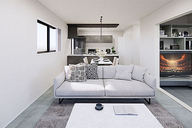 キッチン・ダイニング・リビングが一直線につながったI型のLDK。視線が抜けて開放感ばっちりです!/3号地完成予想パース