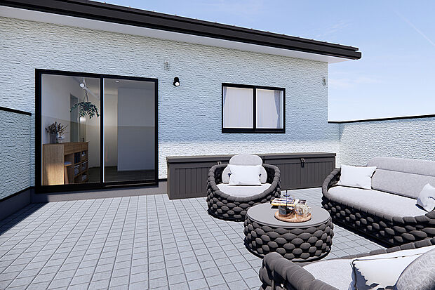 屋上っぽく使える、家族だけの広々バルコニー。アウトドアリビングとしてお使いいただけます!/8号地完成予想パース