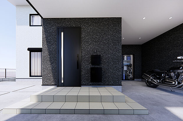 駐車場と玄関まで屋根があり、自転車などを置けば雨風によるサビや劣化を防ぎます。/8号地完成予想パース