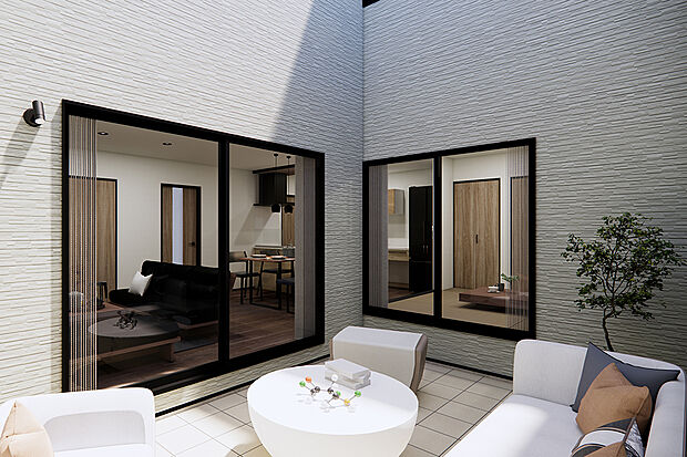 LDK・和室とつながる中庭。手軽に外の空気を味わえる自分だけの空間！/3号地完成予想パース