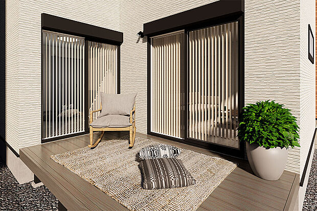 2部屋からアクセスができるウッドデッキ。夏場はお子様とのプール遊びも♪/2号地完成予想パース