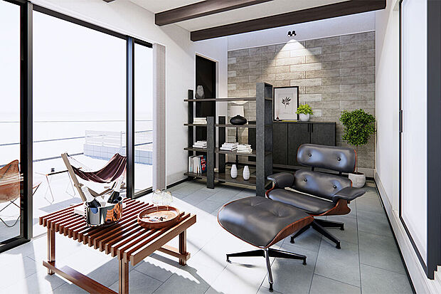 【フレキシブルーム│外とゆるやかにつながる♪】吐き出し窓から光が差し込み、外とつながる開放感を感じられます。お子様の遊び場、DIYなどにピッタリ!/3号地完成予想パース