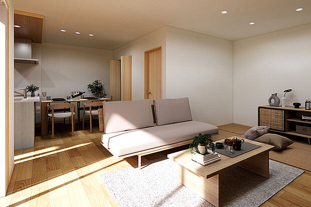 【リビング│採光ばっちりで暖かな室内に】彩光・通風に配慮した間取りで、毎日快適なリビングスペース♪/2号地完成予想パース