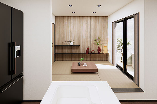 【和室｜キッチンの真横にあるため、家事スペースとしても◎】キッチンから様子をうかがえる和室。お子様の遊び場に最適♪/3号地完成予想パース