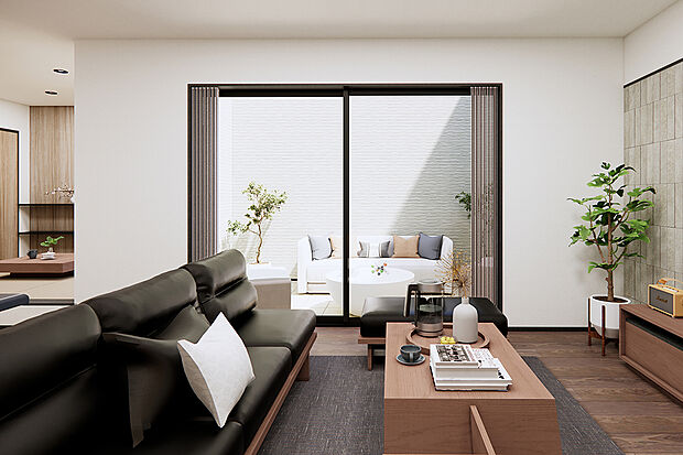 【リビング｜家の中から中庭を見渡せます】リビングからは中庭の様子も見守れます。開放感バツグン！/3号地完成予想パース