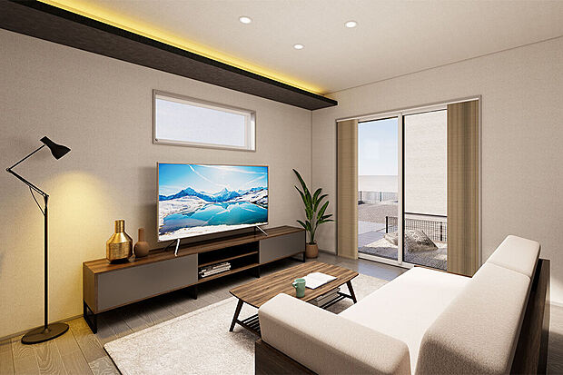 【リビング│ウッドデッキを見渡せ開放感◎】柔らかな照明でゆったりとくつろげる、ウッドデッキと繋がる憩いのリビング。/2号地完成予想パース