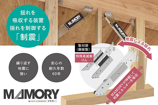 【【制振装置】】住友ゴムが開発した「MAMORY」を採用。国内新築木造住宅用制震ダンパー供給実績No.1企業の確かな技術で大切な住まいを守ります。