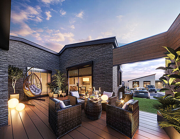 【中庭完成予想CG】もうひとつのリビングのように快適で使いやすい中庭。ホームパーティーや、ガーデンパーティーなどに活用いただけます。