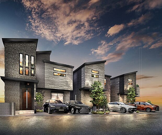 【外観完成予想CG】【全3邸の街並み】前面道路約7ｍ超の解放感