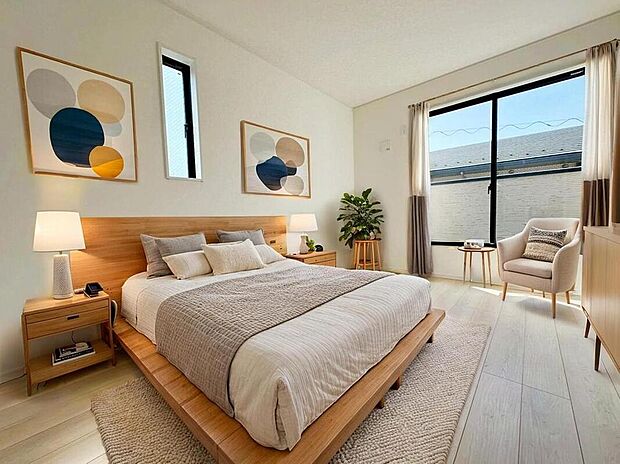 2階のお部屋です。光を取り入れやすのはもちろんですが、建物全体の窓の数も増えておりますので、換気性能に優れた物件です。窓を開ければ家中を気持ちの良い風が通り抜けます。※家具はCG合成しております。