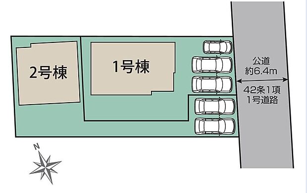 敷地47.80坪~52.24坪のゆとりある全2棟。東側約6.4m公道に面し、駐車スペースも2台以上確保した開放的な区画計画です。建物だけでなく、車の出し入れや敷地内の余白にもゆとりを感じられる住まいで