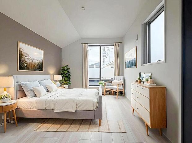☆Bedroom☆
光を取り入れやすのはもちろんですが、建物全体の窓の数も増えておりますので、換気性能に優れた物件です。窓を開ければ家中を気持ちの良い風が通り抜けます。※家具はCG合成しております。