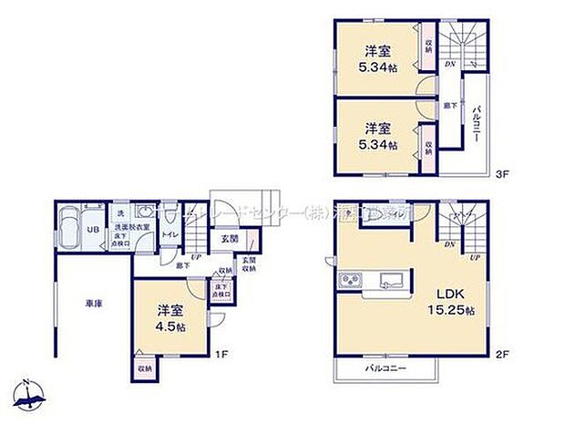 【3LDK】建物面積は車庫部分（約12.15m2）含まれます。

☆リビングイン階段を設置☆
家族がリビングで顔を合わせる事で会話も増え、ますます家族の絆も深まりますね♪