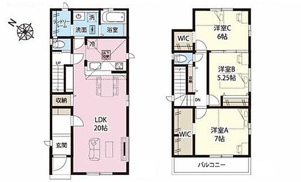 【3LDK】2階にWICを設置しているので大きな物までたっぷり収納できます♪ランドリールームも完備しているので掛ける収納スペースがたっぷりあると、お洗濯物をたたむ時間の削減にもなり家事の効率化になります！