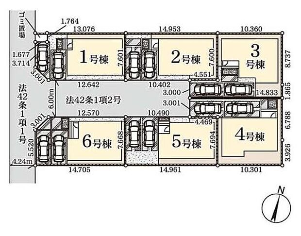 【全体区画図】閑静な住宅街は、岩槻駅徒歩圏♪商業施設も充実した快適環境！
6ｍの開発道路につき車庫入れも楽々♪
ぜひ一度ご覧下さい！