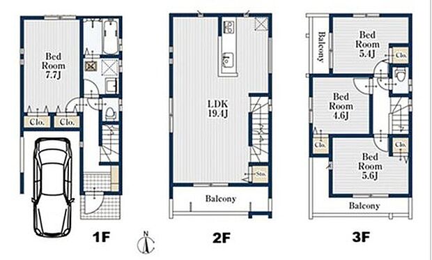 【4LDK】広々19.4帖のLDKの南側にワイドバルコニー！対面キッチンからはLDK全体を見渡せます♪家族の共用物入にもなる、リビング収納も完備☆居室を３階に集約し、プライバシーにも配慮した間取りプラン☆